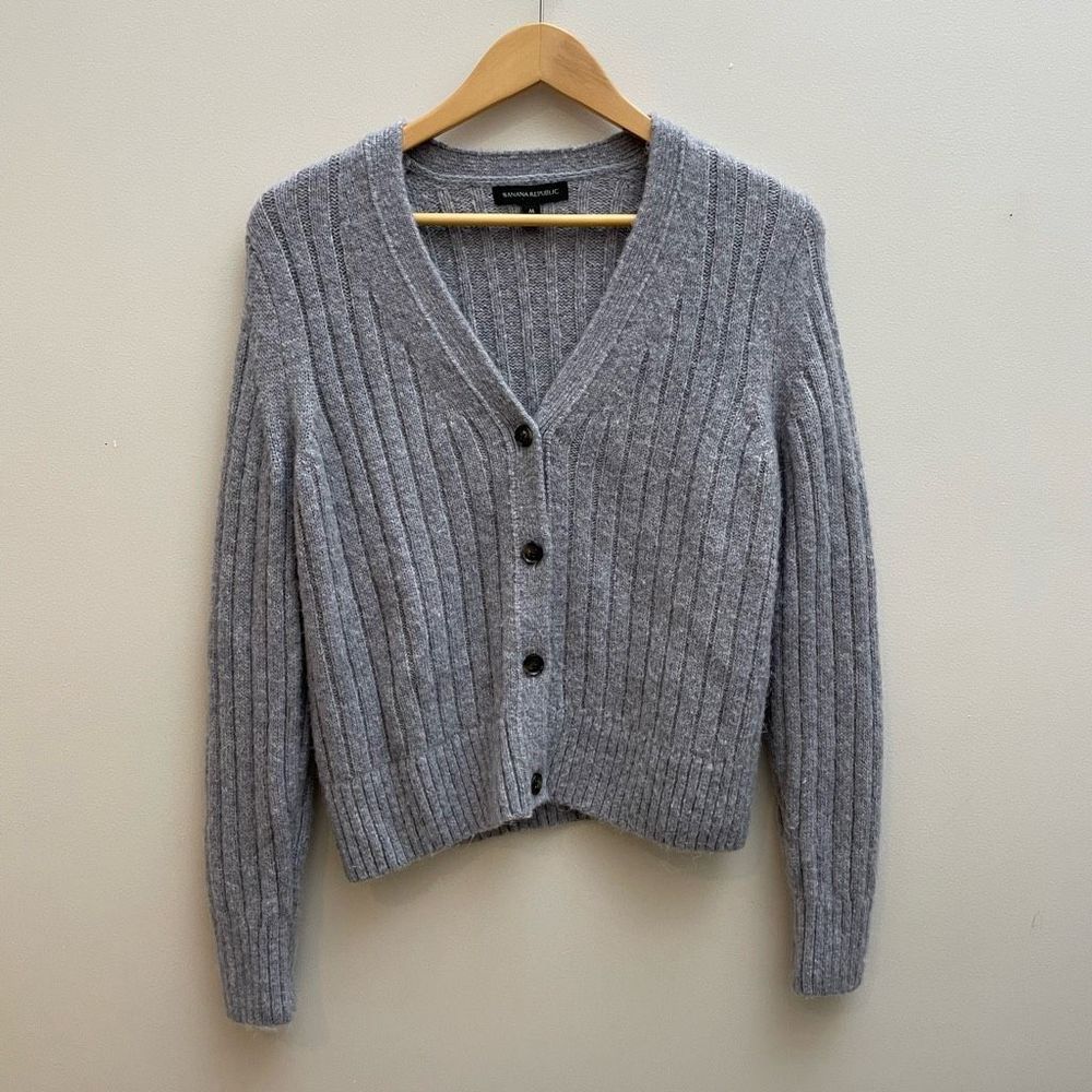 Banana Republic Womens M Mitzi Cropped Ribbed Cardigan Sweater Wool Alpaca Gray - Picture 1 of 10